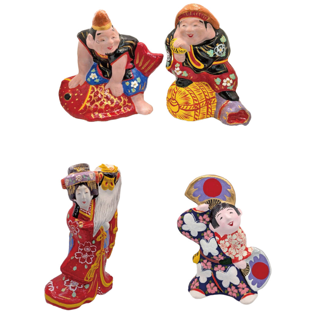 立ヶ花人形の組もの「恵比須 大黒」、立ヶ花人形「八重垣姫」、中野人形「踊り子」